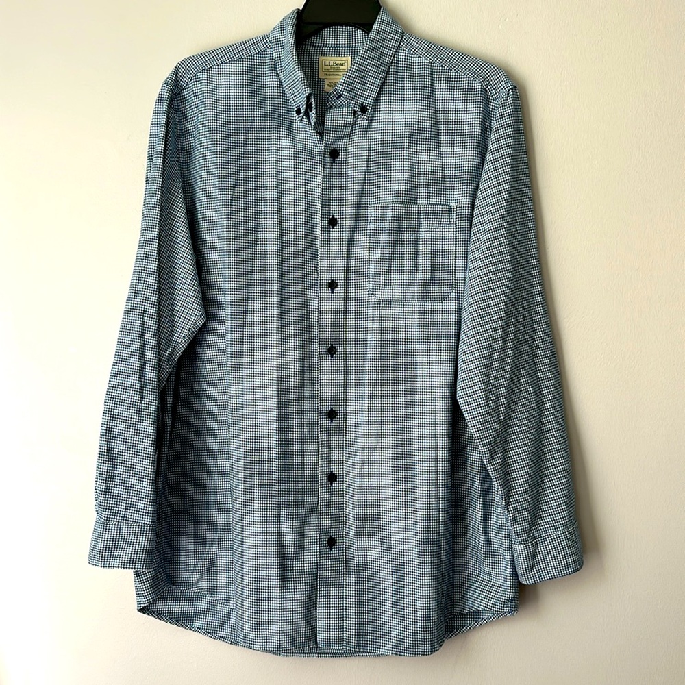 L.L. Bean 100% cotton blue houndstooth, long sleeve button-down shirt, LT